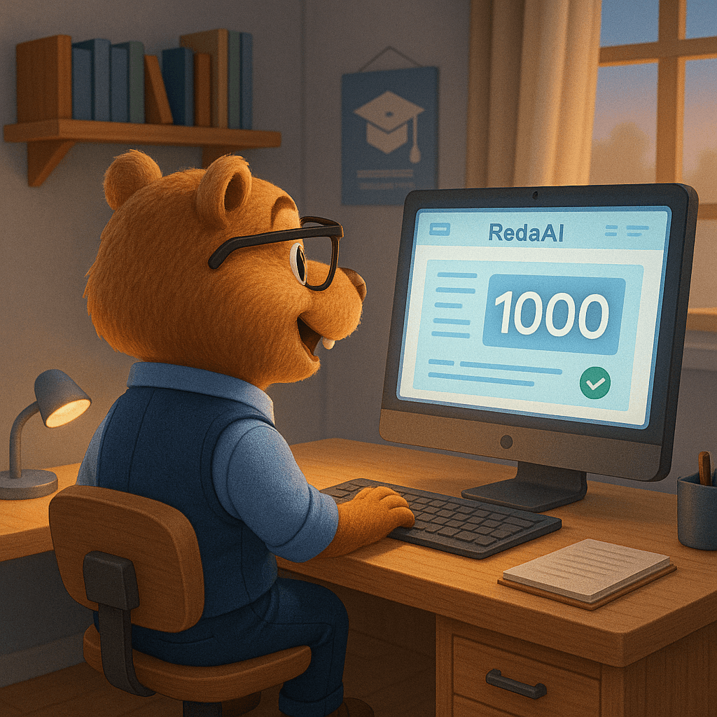 Mascote RedaAI celebrando nota 1000